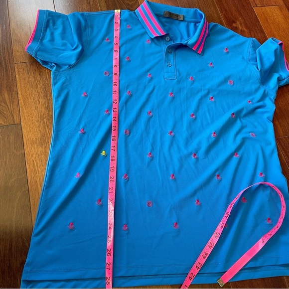 G/FORE Embroidered Piqué Golf Polo Shirt Blue Neon Pink Skull Striped Collar L - Picture 14 of 14